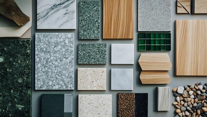 Flat lay of various types of tiles and stones.