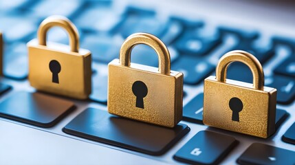 Naklejka premium Three golden locks on a keyboard, symbolizing security and protection.