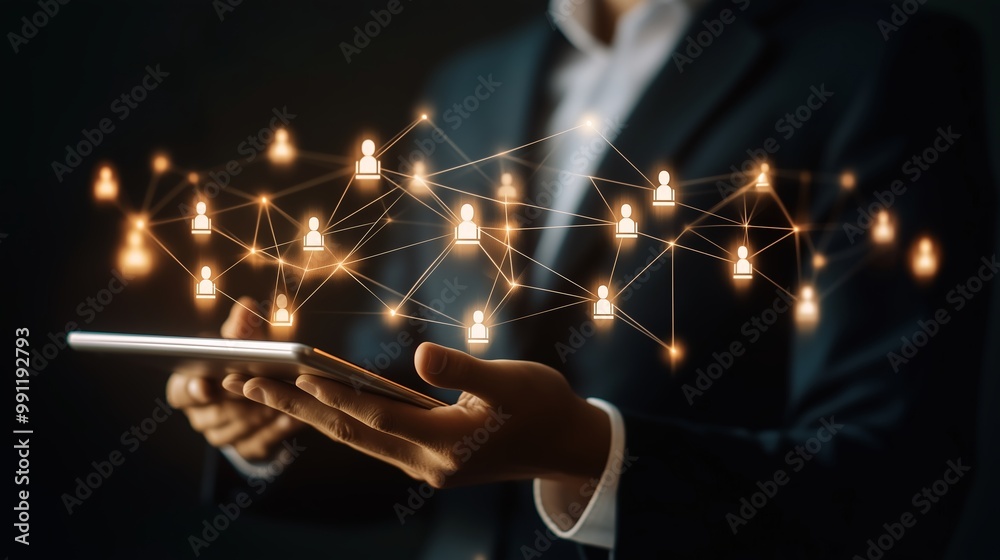 Poster a business professional utilizes a tablet while engaging with a virtual network of glowing user icon