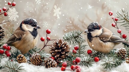 Christmas seamless pattern, birds, pine twigs, cones, red berries, mushrooms, snow, light gray background.