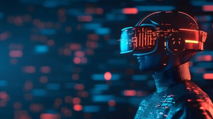 A futuristic figure wearing glowing VR goggles stands against a digital backdrop of vibrant colors and patterns.