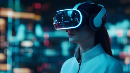 A woman wearing advanced virtual reality goggles, immersed in a digital environment, reflecting modern technology and futuristic design.