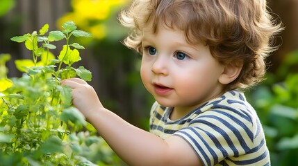 Toddler exploring plants in a lush garden, vibrant green leaves surrounding.
