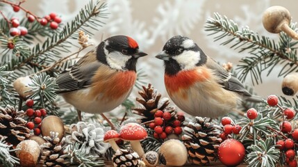 Fototapeta premium Christmas seamless pattern, birds, pine twigs, cones, red berries, mushrooms, snow, light gray background.