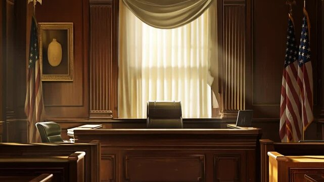 Closeup on empty solemn courtroom interior with American flag illuminated by natural light. Spacious judiciary room with bench and patriotic symbol.