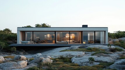 Fototapeta premium A modern Scandinavian villa on a rocky coastline, featuring an open floor plan and expansive windows that frame panoramic views of the sea.