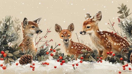 Christmas seamless pattern, deer, fox animals, cardinal birds, pine twigs, cones, red berries, snow, beige background.