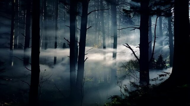 foggy and dark woods at night, mystery forest. Magical saturated foggy forest trees landscape.