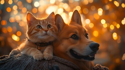Obraz premium Cute Ginger Cat and Dog Best Friends Looking at Sunset