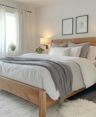 Obraz premium A bedroom with clean white walls, a wooden bed with grey linen, bedside lamps, and a few small green plants. A fluffy rug beside the bed adds extra comfort