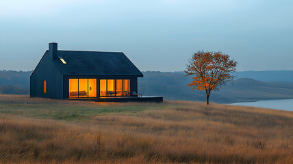 Obraz premium A modern cabin with large windows, glowing with warm light, stands on a grassy hill overlooking a lake, with an autumn tree and distant hills in the background.