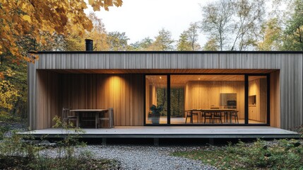 A modern wooden home designed with Scandinavian simplicity, featuring vertical slats of timber and large windows that overlook a peaceful forest clearing.