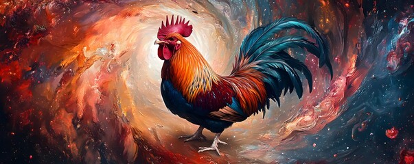 Fototapeta premium Colorful Rooster in a Cosmic Abstract Painting