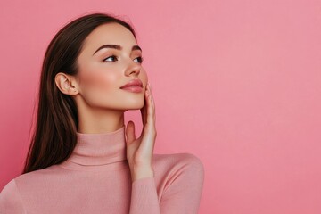 Attractive charming calm young woman applying cream on clean skin of face isolated on pink background with copy space. Beauty concept, natural skin, cosmetic care, spa, plastic surgery
