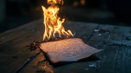 Burning Letter On Wooden Table With Flames