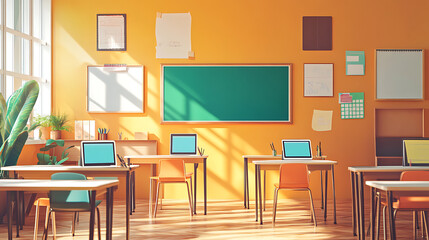 Charming background with a tech classroom setup, featuring interactive whiteboards, tablets, and digital learning tools