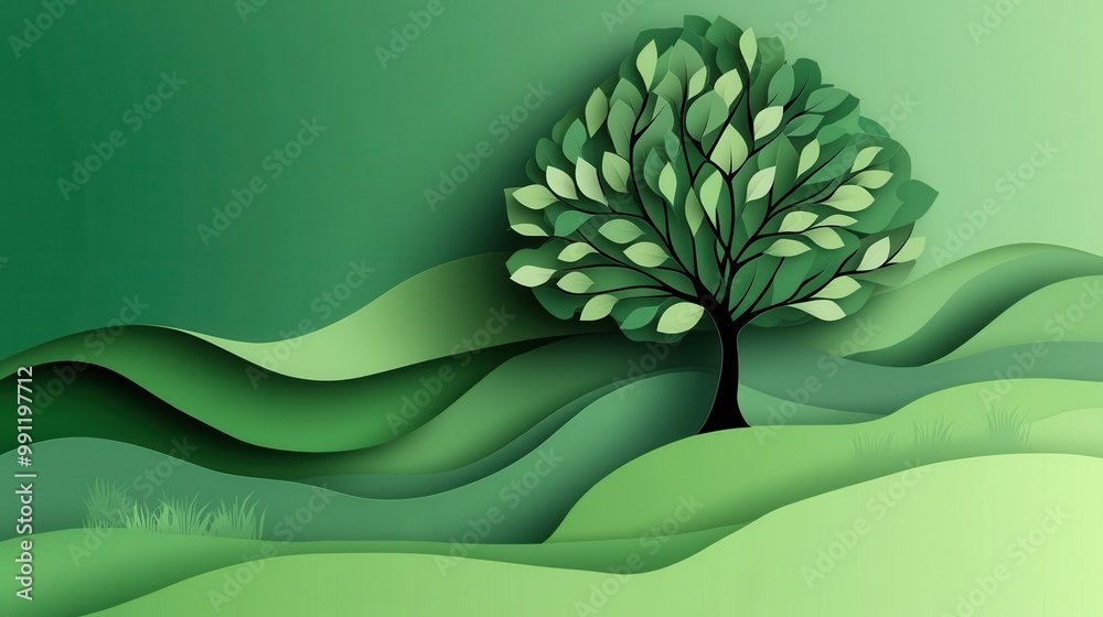 Sticker abstract green background with a tree and waves for the world environment day concept in a paper-cut