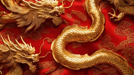 Obraz premium Close-up of golden dragon motifs on a vibrant red background, symbolizing strength and prosperity in the New Year.