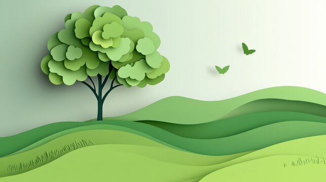 Abstract green background with a tree and waves for the World Environment Day concept in a paper-cut style 