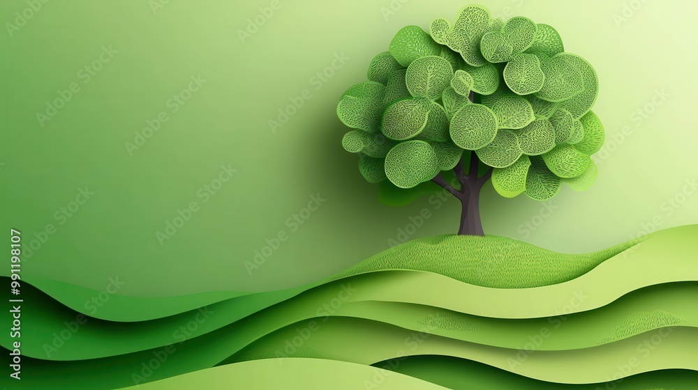 Sticker abstract green background with a tree and waves for the world environment day concept in a paper-cut