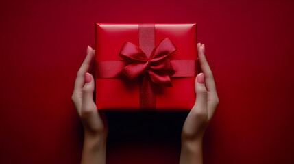 Red gift box with dark red shiny bow in woman' hands on vivid background ,  woman's hands giving big red gift box with red silk ribbon bow on isolated red background