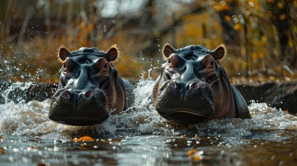 Fototapeta premium The playful hippo and the bouncing pig captured attention at the zoo.