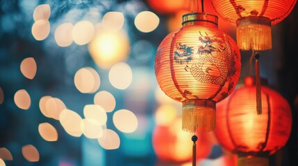 Close-up of red and gold Chinese lanterns with detailed dragon motifs, glowing softly against a blurred festive background.
