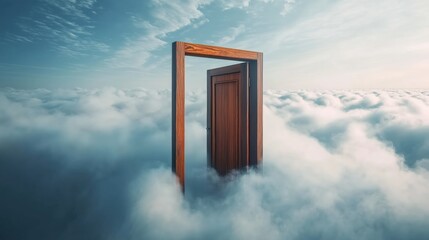 Door floating in the sky surrounded by clouds