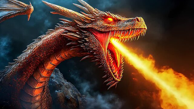 Fierce dragon breathing fire in a dramatic scene, showcasing mythical creatures, fantasy power, and fiery landscapes in vivid detail.

