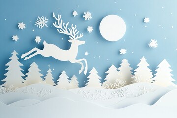 A minimalist paper-cut style landscape, depicting a snowy scene with a reindeer and Santa Claus flying in the sky above a snowy forest.