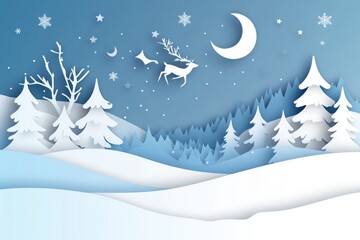 Obraz premium A minimalist paper-cut style landscape, depicting a snowy scene with a reindeer and Santa Claus flying in the sky above a snowy forest.