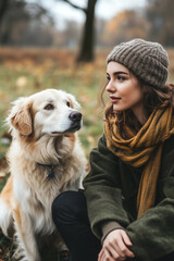 A woman with a dog in a park, wearing autumn  and a hat. A golden retriever is sitting next to her.