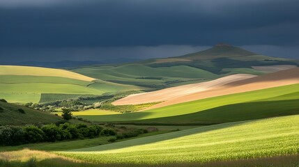 Obraz premium Vibrant rolling hills under a dramatic sky, showcasing nature's beautiful color palette.