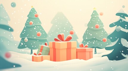 Obraz premium Soft Snowy Holiday Illustration with Gifts and Trees