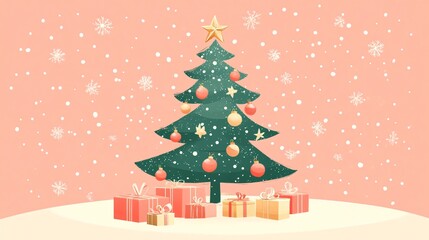 Naklejka premium Cute Christmas Tree Illustration with Gifts and Snowflakes
