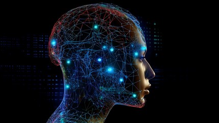 Obraz premium Futuristic Side Profile of Human Head with Glowing Circuits and Neural Network Patterns in a Digital Technology Design