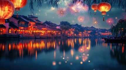 Colorful lanterns and fireworks reflected in a calm lake during a Chinese New Year festival,...