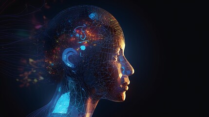 Obraz premium Futuristic Side Profile of Human Head with Glowing Circuits and Neural Network Patterns in a Digital Technology Design