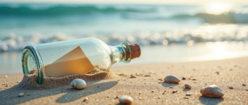 A corked bottle with a message on the sand
