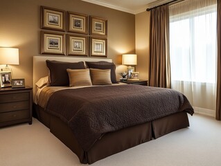 Fototapeta premium A bedroom with light brown walls, dark brown bedding, and gold accents on the bedside lamps and photo frames