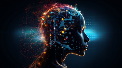 Obraz premium Futuristic Side Profile of Human Head with Glowing Circuits and Neural Network Patterns in a Digital Technology Design