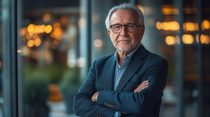 Fototapeta premium senior corporate leader standing by a glass wall in the office, representing business authority, professional experience, and leadership strategy for career success and business growth
