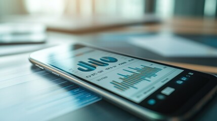 A smartphone displaying data visualizations on a desk, emphasizing analytics and technology.