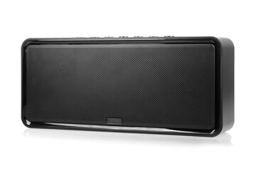 Black portable bluetooth speaker on white background.
