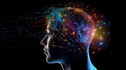 Fototapeta premium Futuristic Side Profile of Human Head with Glowing Circuits and Neural Network Patterns in a Digital Technology Design