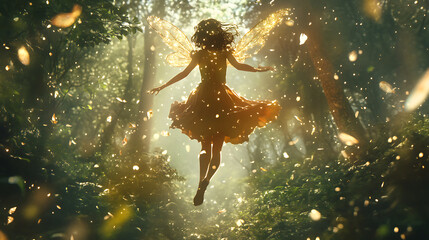 Naklejka premium Anime girl in a fairy costume, flying through a magical forest with shimmering fairy dust