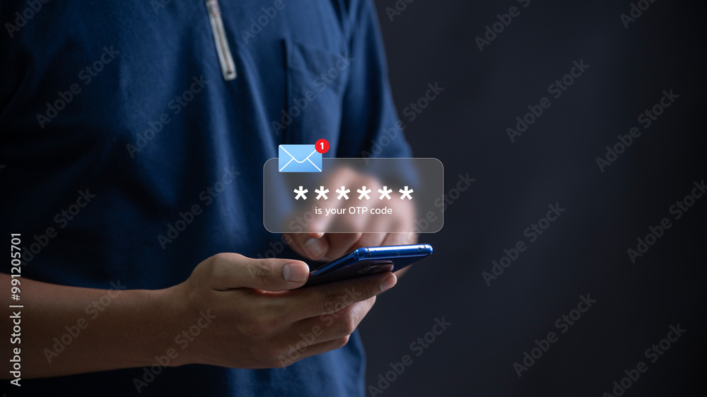 Fototapete person receiving an OTP code through a message on their smartphone, ready to use for secure login. cyber security, data protection and secured internet access.
