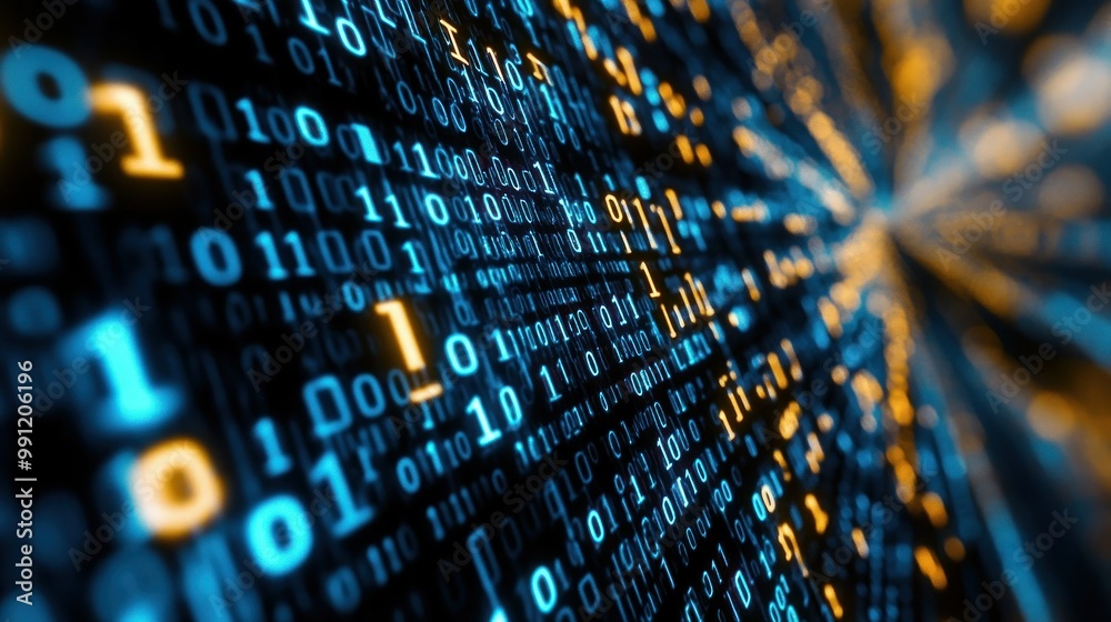 Poster abstract representation of binary code in blue and orange, symbolizing digital data flow.