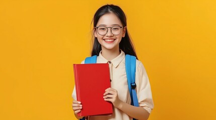 Fototapeta premium Asian school girl holding a red notebook on a yellow background, space for text 