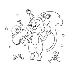 Squirrel Holding a Mushroom with Snail - Coloring Page for Kids. Vector Illustration
